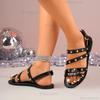 Women Sandals Summer New Flat Round Head Rivet Thin Strap Buckle Shoes Women Casual Comfortable Light Soft Soled Sandals Women