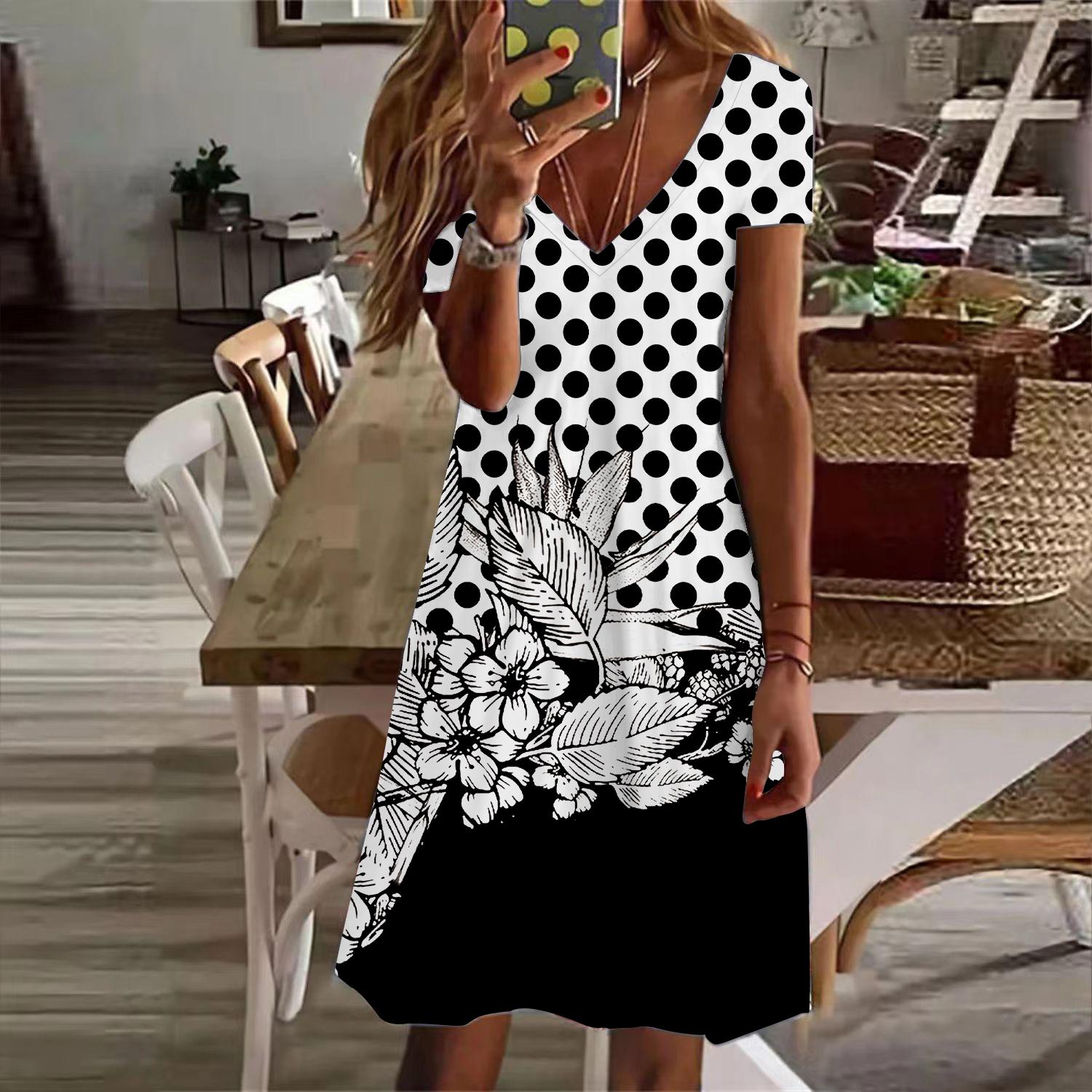 

Летняя мода женское платье с V-образным вырезом и коротким рукавом белое в горошек с цветочным принтом сексуальное платье L белый