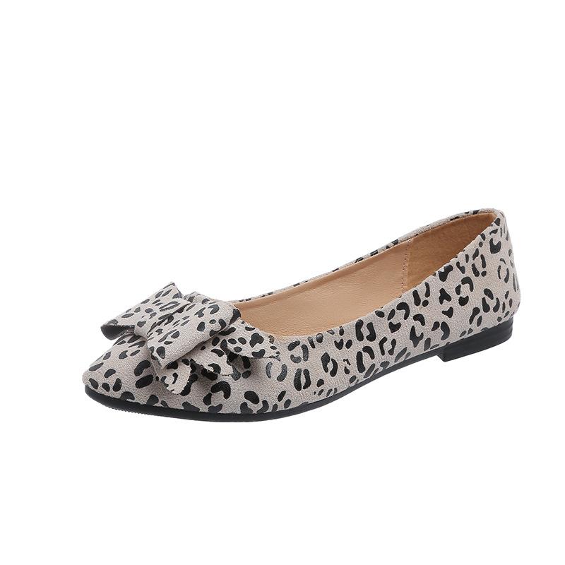 Cross-border large-size spring and summer new leopard print bow pointed flat shoes women's shallow mouth casual shoes