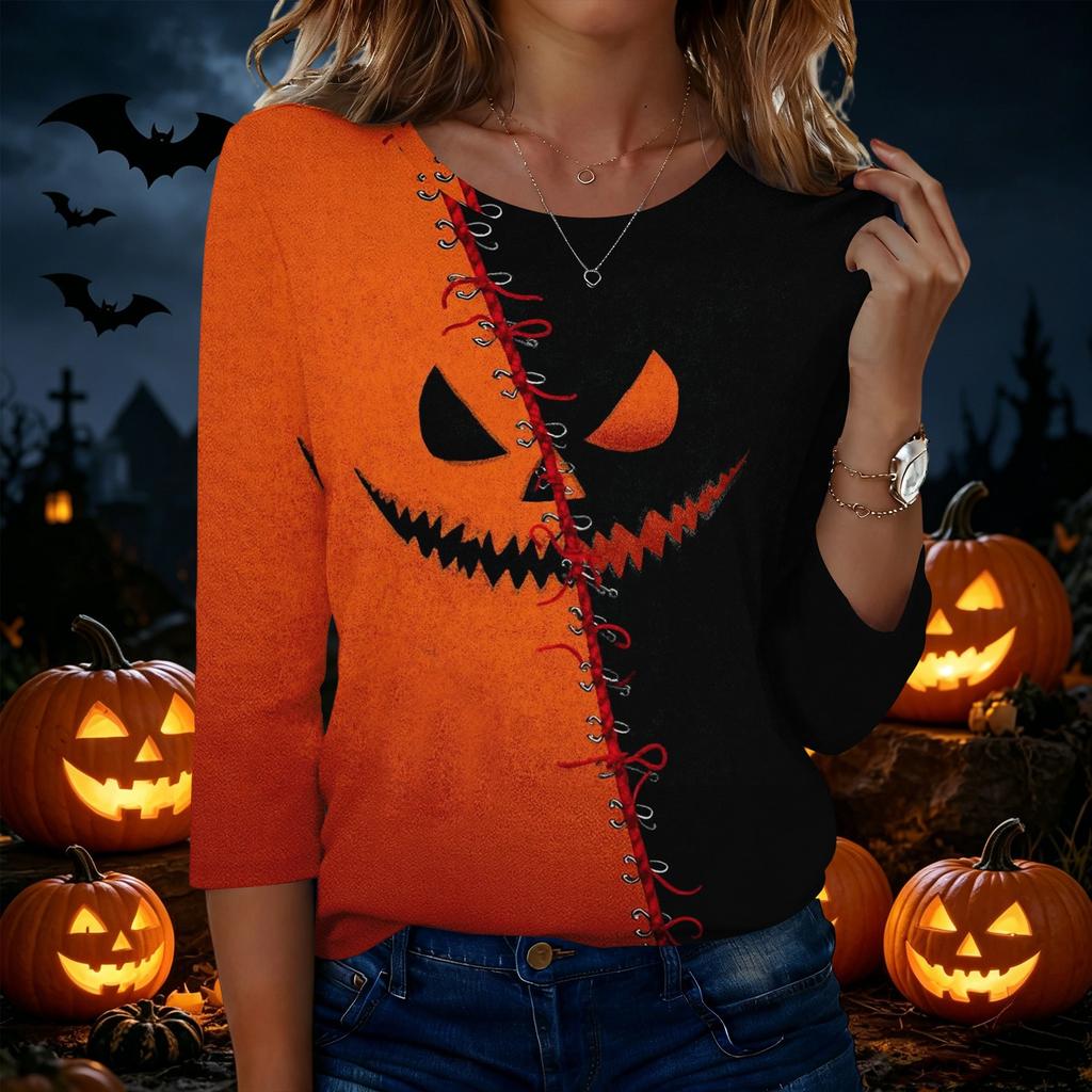 Women’s Casual Halloween Printed Crew Neck Three Quarter Sleeve T Shirt with House Pumpkin and Bat Design for Holiday Wear