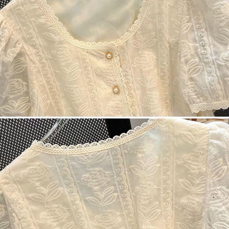 French Style Short Sleeve Lace Blouse Women Fashion Chic Top Elegant Casual Shirt