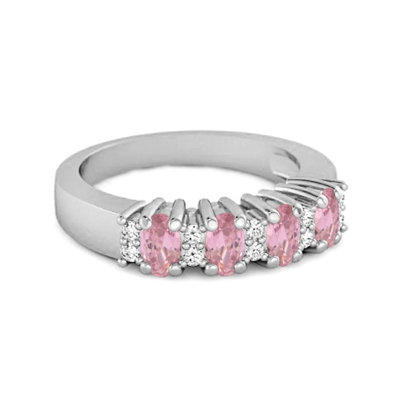 Anel de Casamento Feminino Meia Eternidade Oval CZ Rosa - Prata de Lei 925