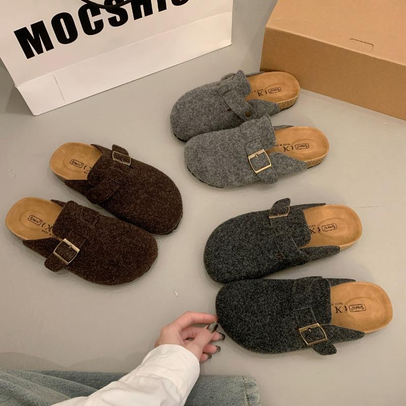 Fashion Women Slippers Mules Fur Shoes Winter Buckle Flat Platform Walking Plush Ladies Slippers Casual Shoes Warm Indoor Slides Women