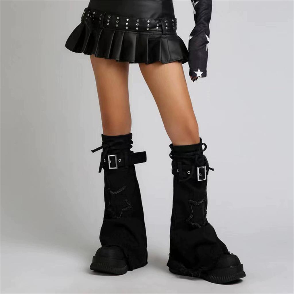 Dámské džínové návleky na nohy s hvězdami, punčochy do kolen, japonské boty