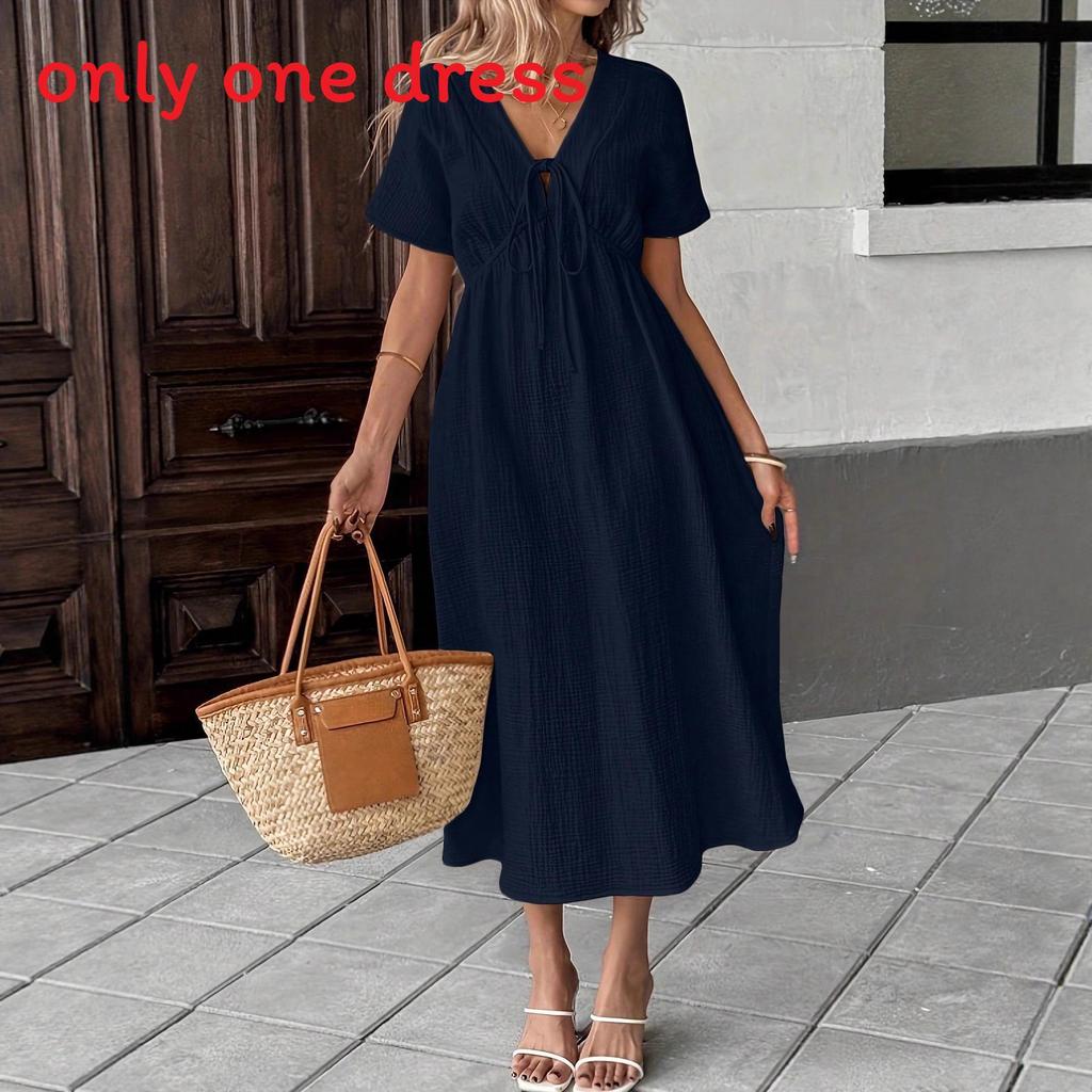 Bohemian Style Deep V Dress With Cross Tie For Casual Summer Wear