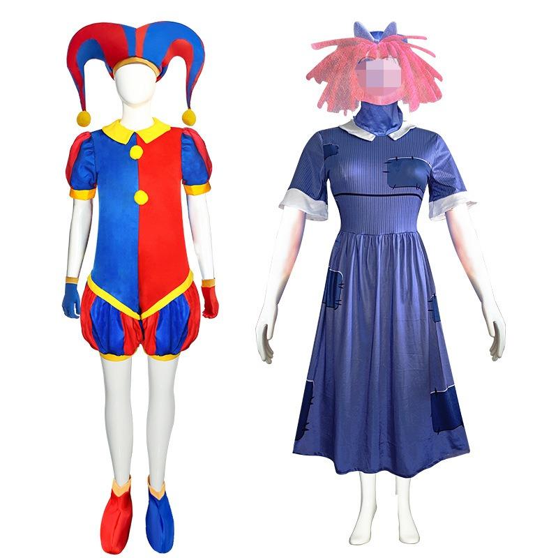 Zirkus Pomni Cosplay Kostüm mit Hut Handschuhe Halloween Kostüme Karnevalskostüme(GRÖSSE 140cm-180cm)