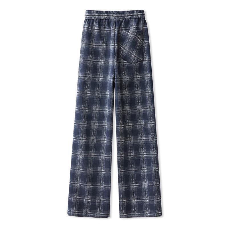 Women's Elastic Waist Plaid Fleece Wide-Leg Casual Pants