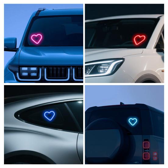 Solarbetriebenes LED Herz Neonlicht für Autoscheibe Kabellose Auto Atmosphärenlampe 5 Modi Autoinnendekoration mit Saugnäpfen