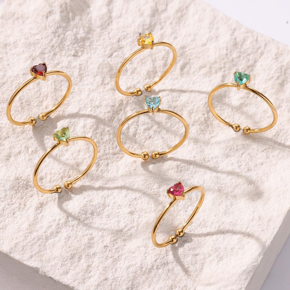 Classic Trendy Gold Color Stainless Steel Heart Zircon Opening Rings for Women Charm Retro Crystal Couple Finger Jewelry No Fade