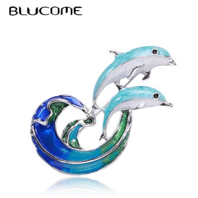 Cute Animal Double Blue Dolphins Shape Brooch Enamel Jewelry Pins Women Clothing Scarf Bag Cartoon Accessories Badge