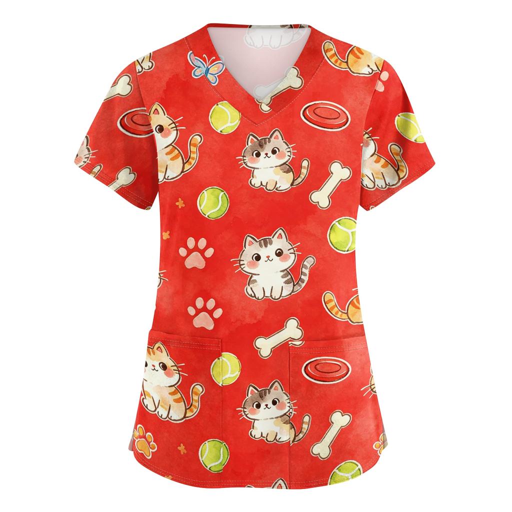 Women's V Neck Short Sleeve Work Top with Pockets Animal Print Medical Scrub Shirt for Healthcare Professionals Comfortable Fit