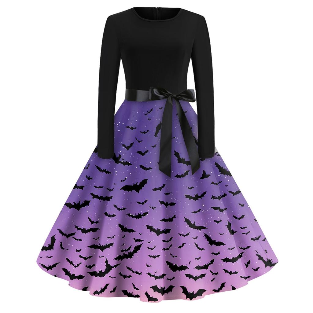 Halloween Print Flare Dress For Women Long Sleeve Dress Hollow Party Casual Round Neck Dresses