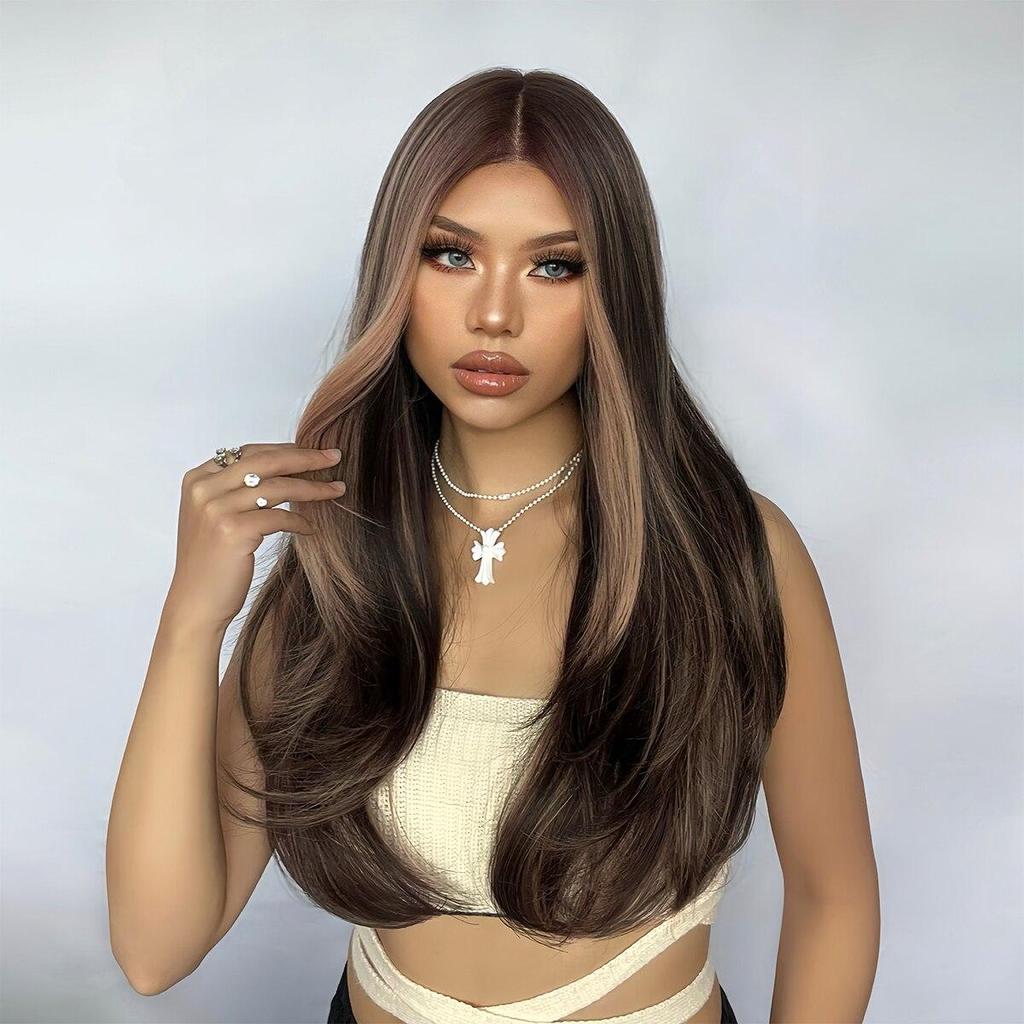 EASIHAIR Dlouhé hnědé smíšené syntetické paruky pro ženy střední pěšinka rovné cosplay paruky paruka z přírodních vlasů paruka z vláken odolných vůči teplu