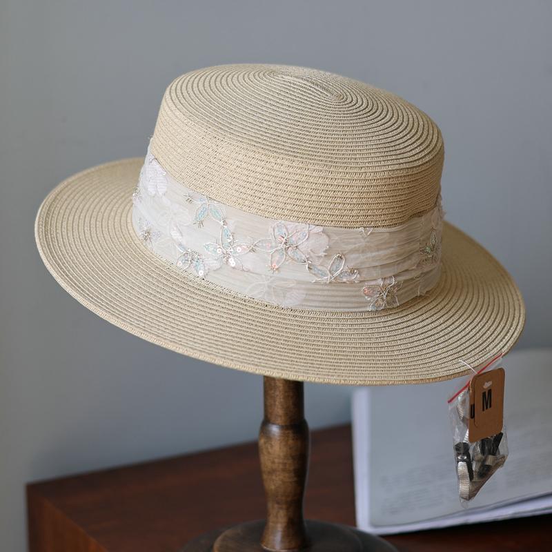 Sweet sequined flower webbing flat top top hat fashion travel vacation shade spring and summer sun protection straw hat woman
