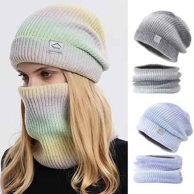 Winter-Strickmütze und Schal-Sets für Damen, Farbverlauf-Mützen, dicke, winddichte Ohrenschutz-Schals, Woll-Batik-Warmpullover-Kappe, dicke Mütze