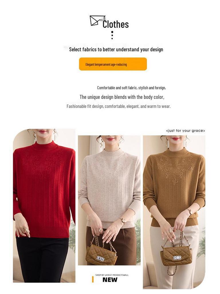 Mamas bestickter Wollpullover: Halbhoher Kragen, Ideale Basisschicht für Frauen mittleren und höheren Alters, Neu für Herbst/Winter