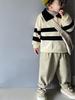 Mori Style Children's Knitted Sweater - Striped, Two-Button, Turn-Down Collar, Casual and Fashionable for Boys and Girls in Spring and Autumn.