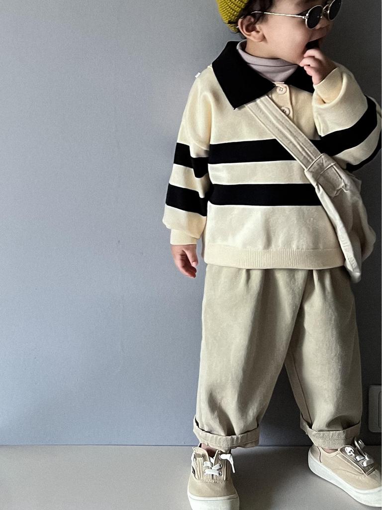 Mori Style Children's Knitted Sweater - Striped, Two-Button, Turn-Down Collar, Casual and Fashionable for Boys and Girls in Spring and Autumn.