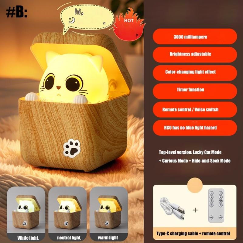 Intelligent Night Light with Shy Cats Design and Adjustable Brightness Eye Caring Bedside Lamp Suitable for Kids Room