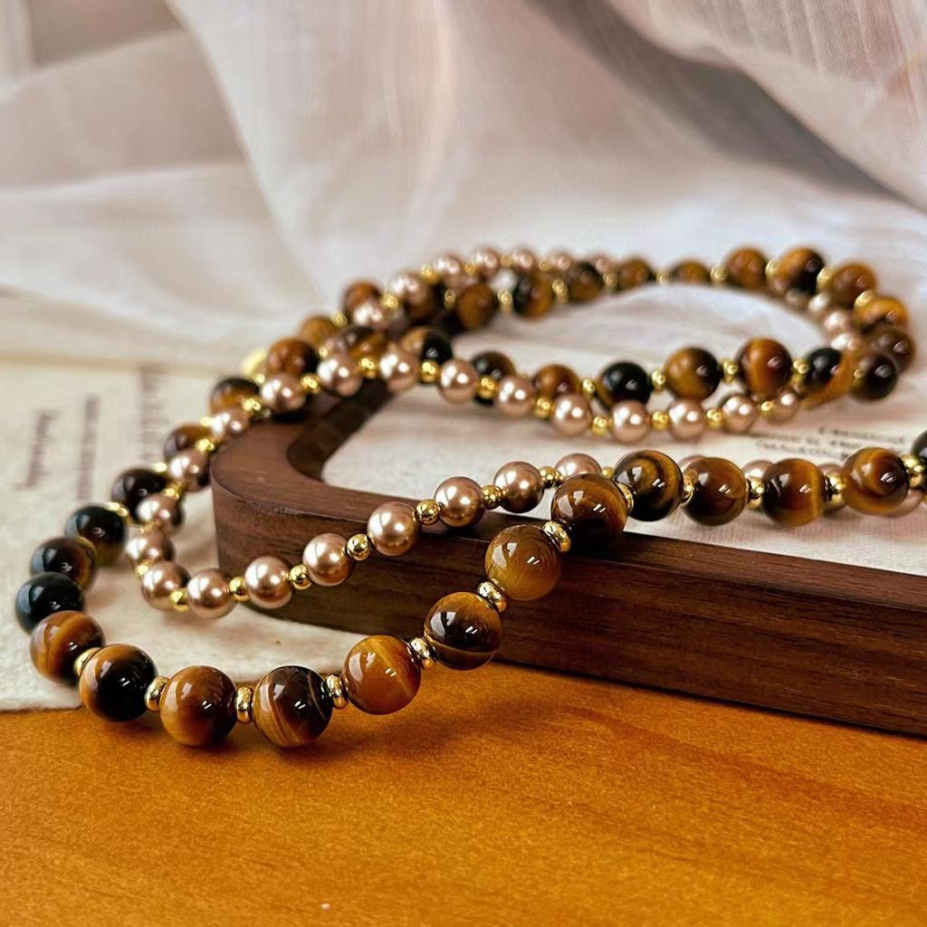 Vintage High-Quality Natural Tiger'S Eye Stone Shijia Coffee Pearl Double-Layer Necklace Maillard Style Autumn And Winter New
