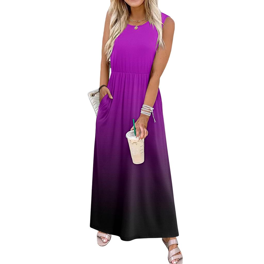 Ladies' Gradient Printed Casual and Fashionable Waist Cinched Sleeveless Dress