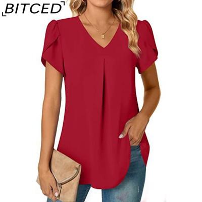 Summer Simple Women's V-Neck Petal Sleeve Shirt Women's Blouse