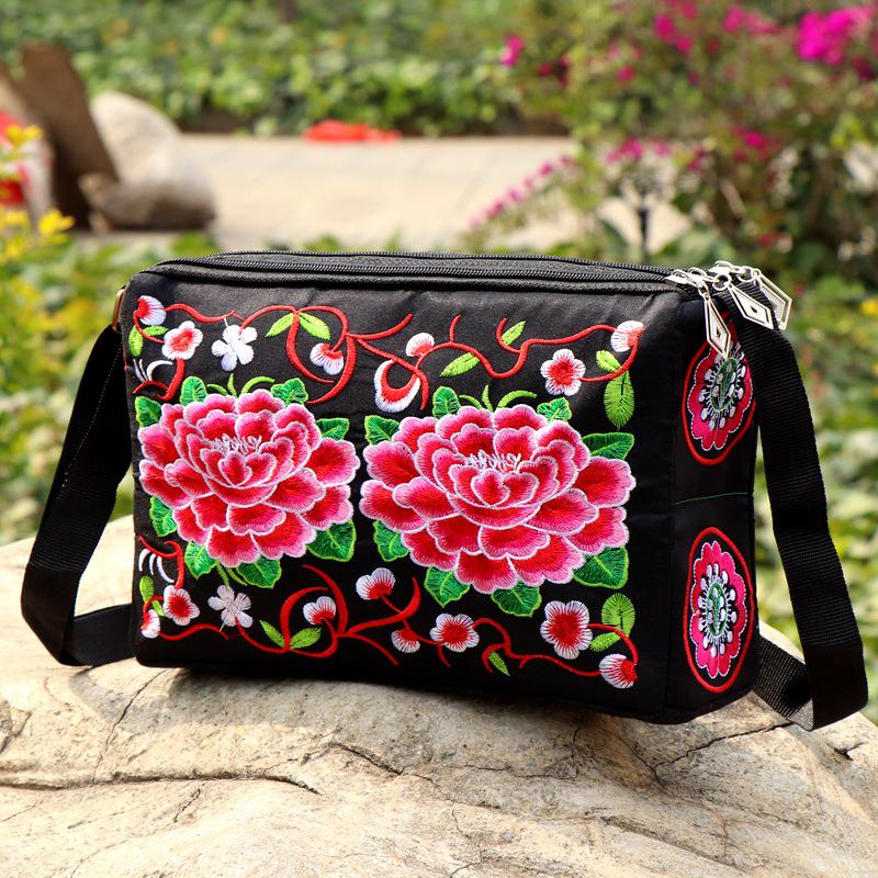 Yunnan Ethnic Embroidered One-Shoulder Crossbody Bag with Three Zippers - Large Size for Ladies
