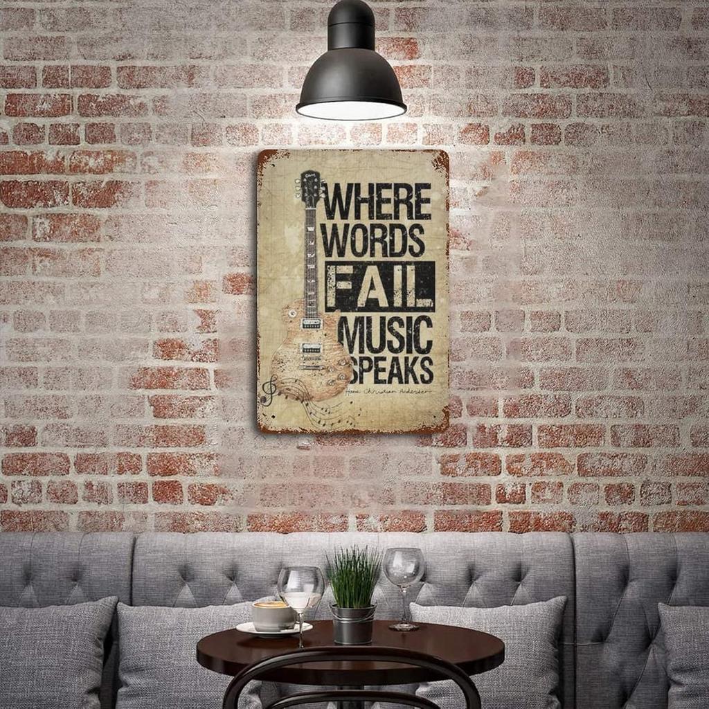 LEIZENTIN Vintage Tin Sign Guitar Where Words Fail Music Speaks Home Bar Poster Wall Decor Retro Metal Sign 8x12inch