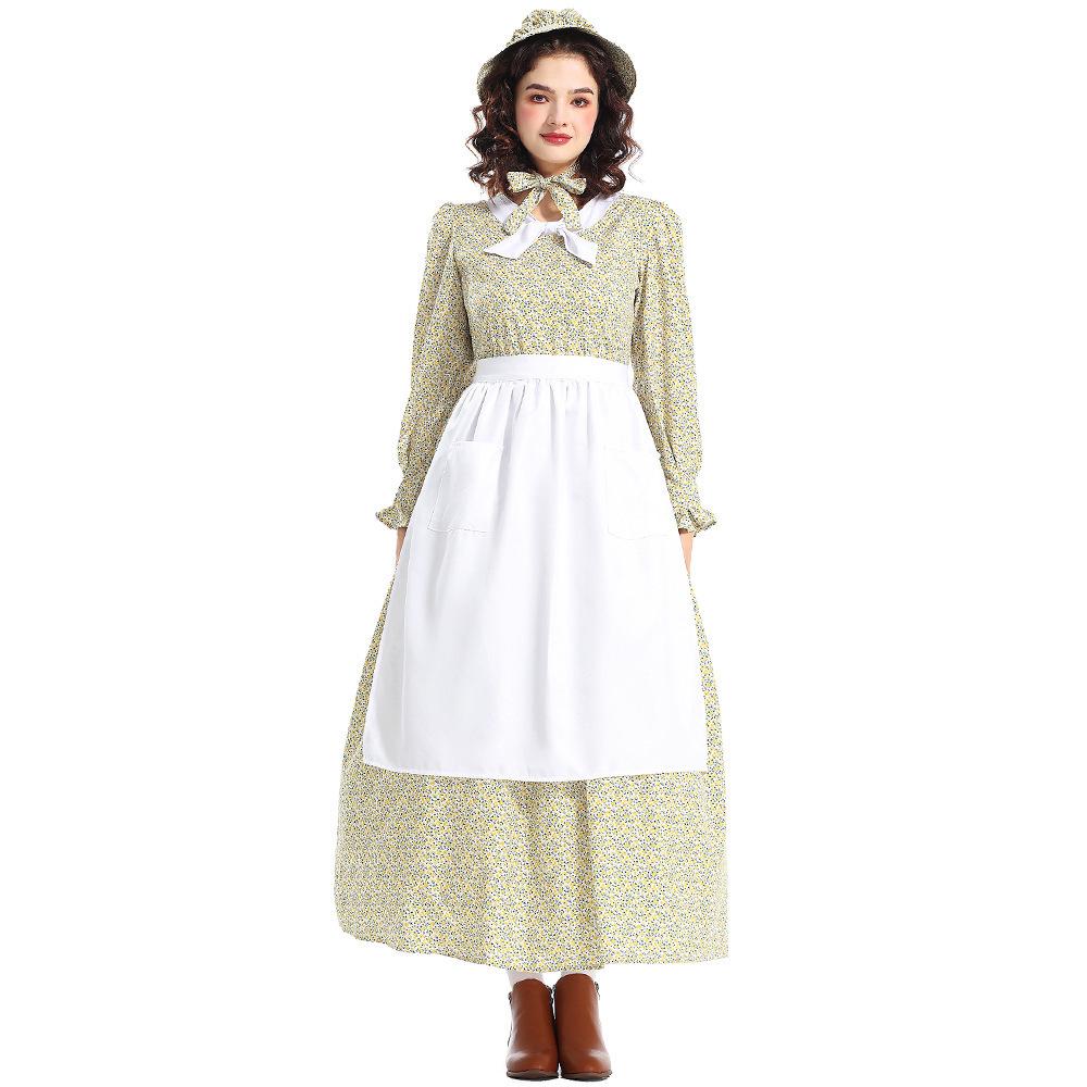 

Prairie Colony Yellow Floral Pioneer Costume Dress with Apron for Halloween S цветочный/синий