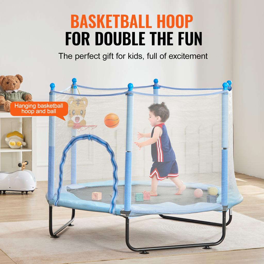 SucceBuy 60" Kids Trampoline 5FT Indoor Outdoor Trampoline with Safety Enclosure Net Basketball Hoop Gifts for 3+ Years Children