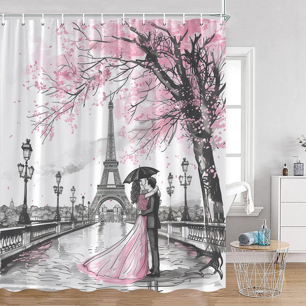 Pink Fashion Romantic Eiffe Tower Shower Curtain Paris View Dress Pink Cosmetics Bathroom Decor Modern Bath Curtains with Hooks