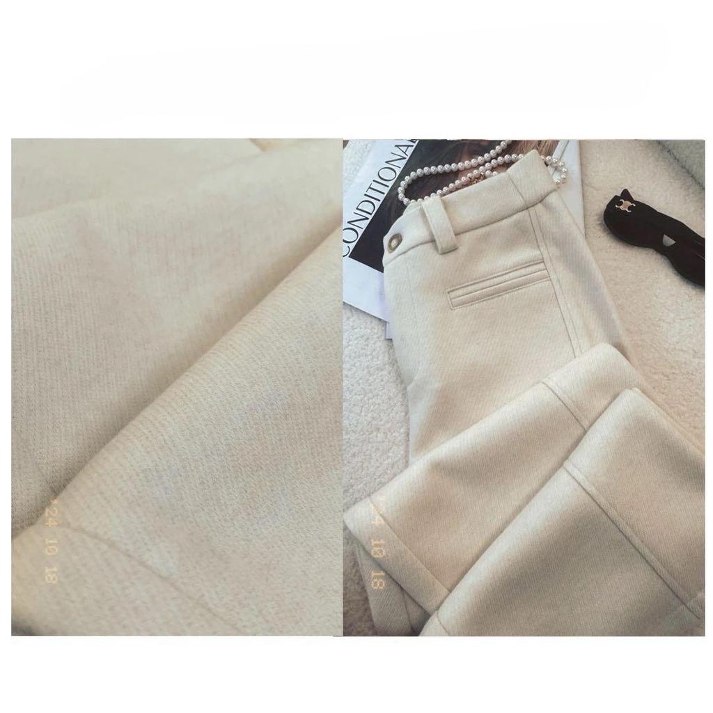 Women's High-Waist Gray Woolen Wide-Leg Pants - Fleece-Lined for Autumn/Winter, Thickened Drape, Narrow Straight-Leg Design