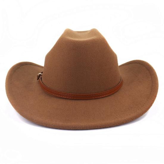 Ethnic Style Wide Brim Hemming Faux Leather Belt Decor Jazz Hat Western Cowboy Cowgirl Fedora Hat Fashion Accessories