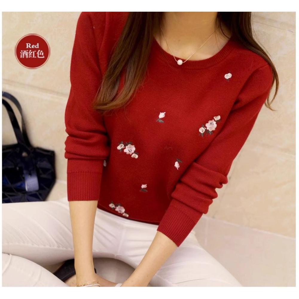 Autumn New Korean Version Slim Fit Plum Blossom Embroidery Round Neck Base Knitted Sweater Long Sleeved Women's Pullover Sweater Winter