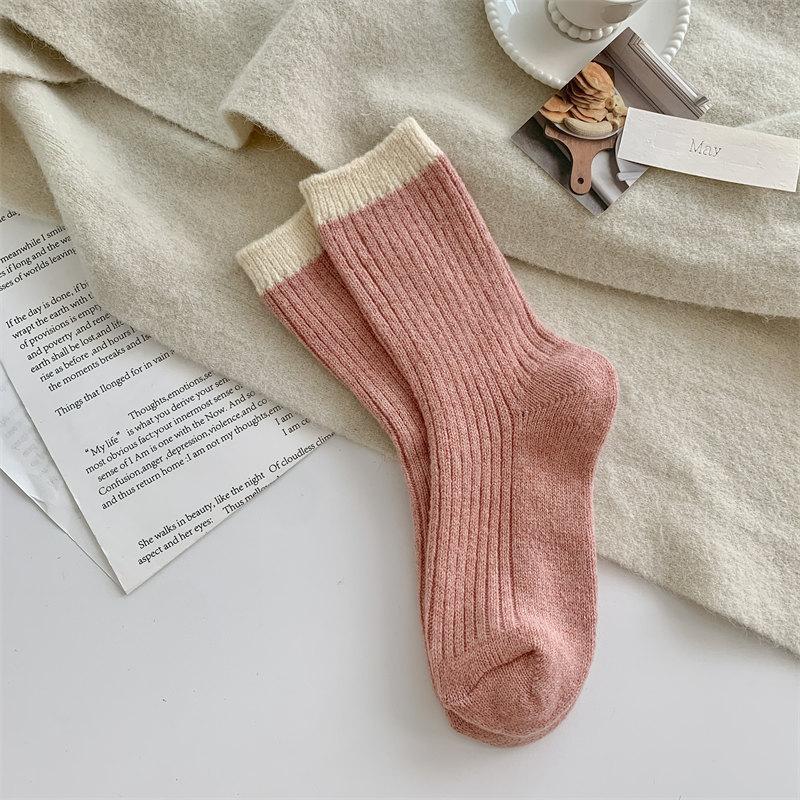 Color-Blocking Double-Needle Merino Wool Socks New Women'S Socks Thickened Warm Mid-Leg Socks Cold-Proof Socks