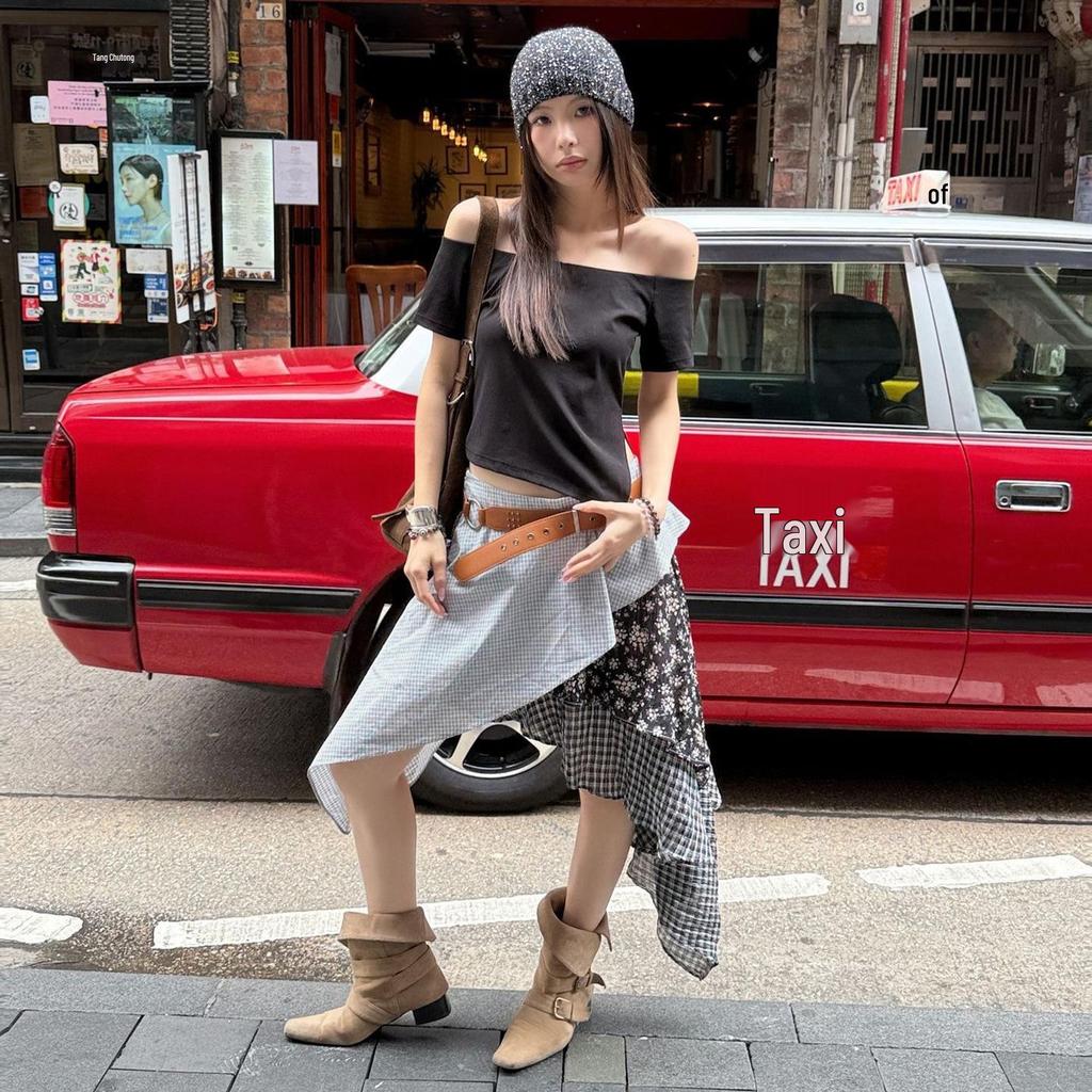 Y2K Style Plaid & Floral Low-Waist Ruffled Skirt