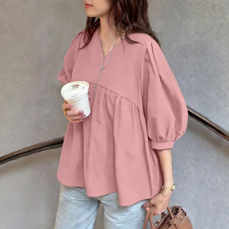 ZANZEA חולצת נשים קז'ואלית עם צווארון וי בצבע אחיד ושרוולי 3/4