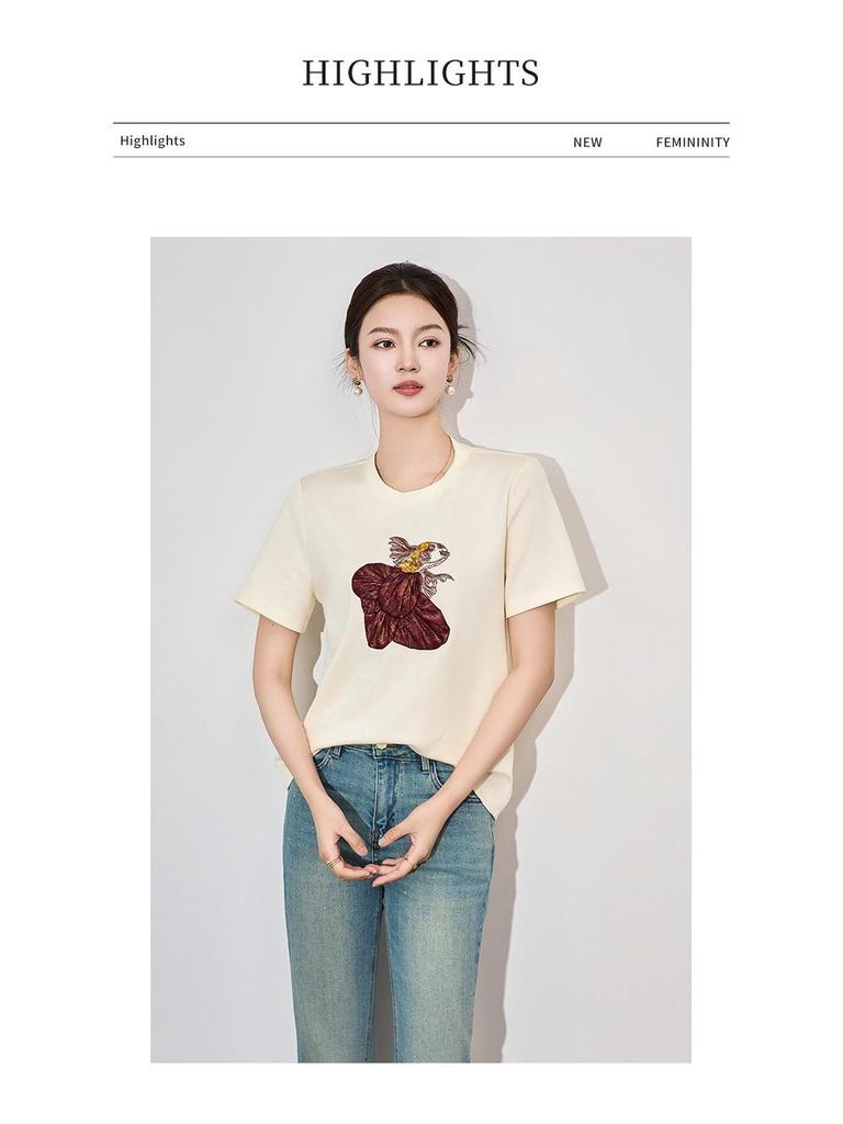 Three-Dimensional Goldfish Sequin Embroidery High Elastic Fashion Casual T-shirt
