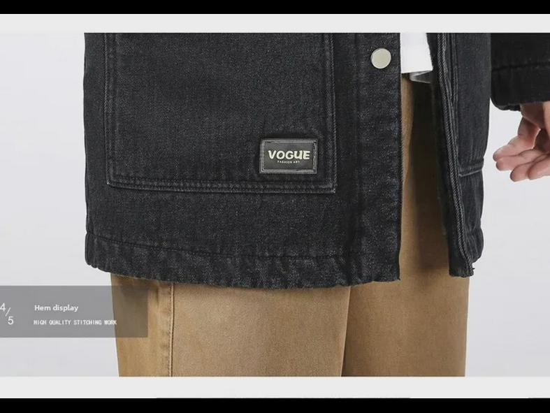 Men's Winter Fleece-Lined Loose-Fit Denim Jacket with Hood - Trendy Mid-Length Lambskin Windbreaker
