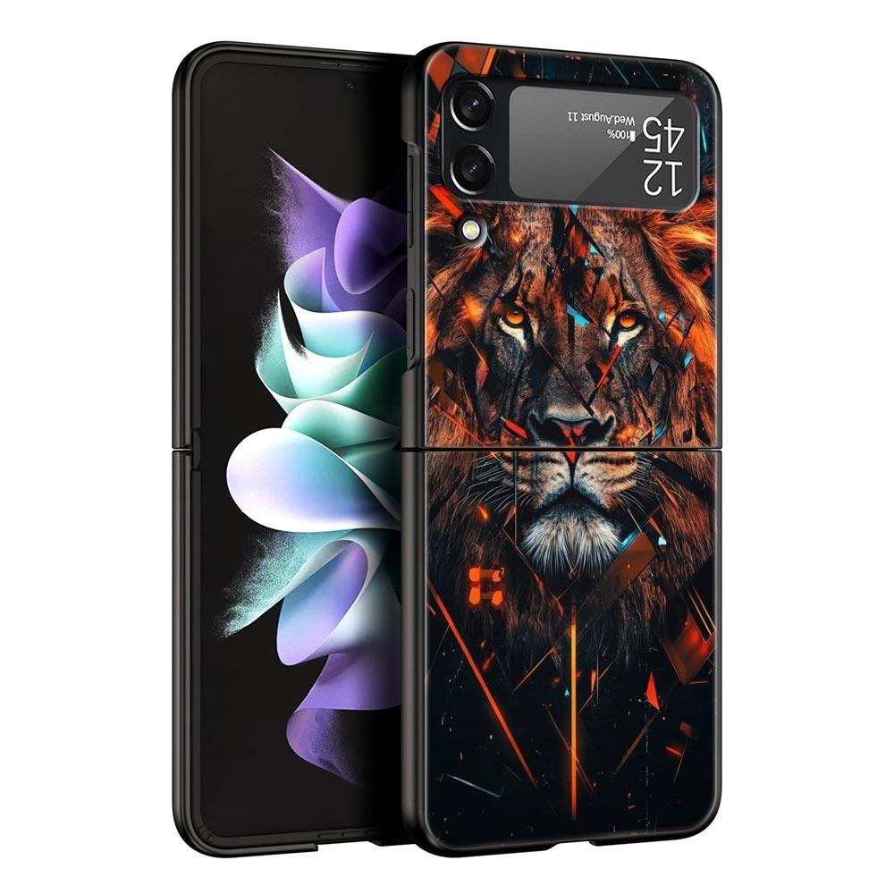 Cross Pattern Bicolor Lion Hard PC Phone Case For Samsung Galaxy Z Flip 7 6 5 4 Black Cover For Galaxy Z Flip 3 Foldable Shell