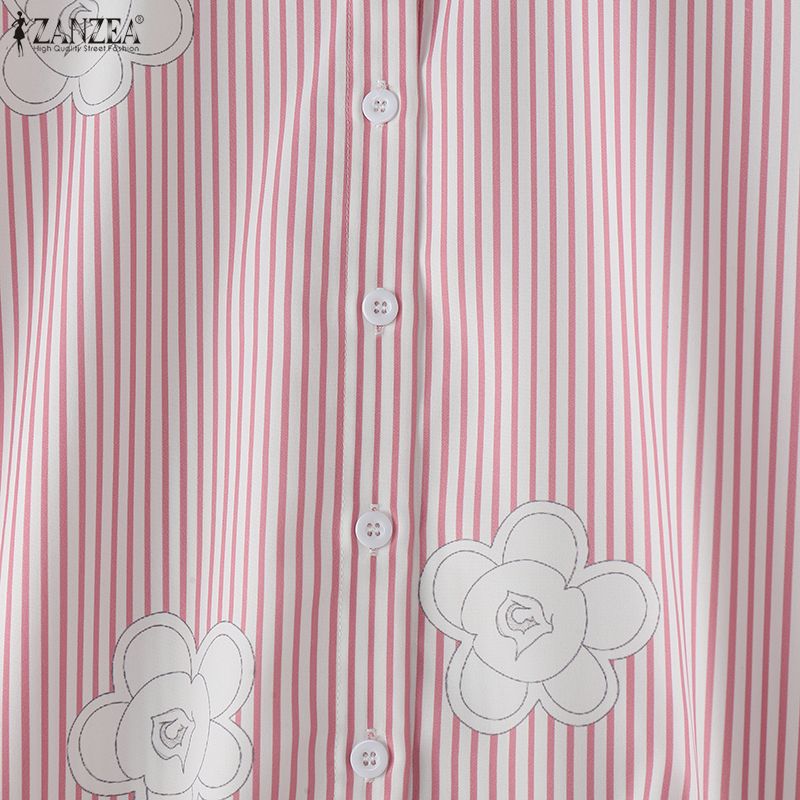 ZANZEA Women Casual Turn Down Collar Short Sleeve Stripe Blouse