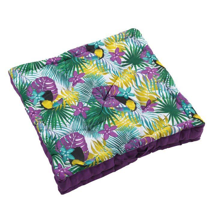 Coussin de sol - EDEN - Toucan 60cm - Matelassé - Coton - Motif tropical violet