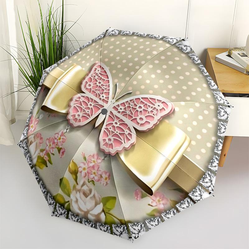 

1pc Butterfly Ribbon Floral Automatic Folding Umbrella - Portable Collapsible Design, 8-Rib Iron Frame, Durable Fabric yy251125046