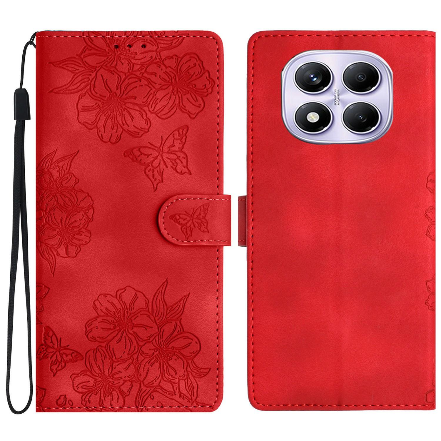 

For Xiaomi Redmi Note 14 Pro 4G Case Butterfly Flower Pattern Skin-Touch Leather Phone Cover Red