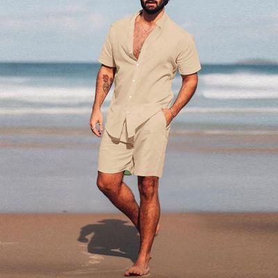 Men's Solid Color Two-Piece Set Summer New Short Sleeve Shirt and Shorts Comfortable Casual Set