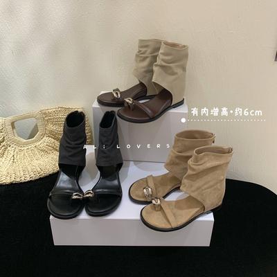Korean Version Inner Height Increase Metal Cover Toe Cool Boots Women's 2025 Summer New Fashionable Versatile Rear Zipper Hollow Short Boots Women