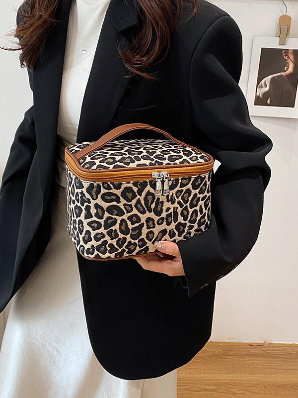 Chic Leopard Print Makeup Bag for Women, Large Capacity, Professional Storage, Aesthetic Travel Handbag