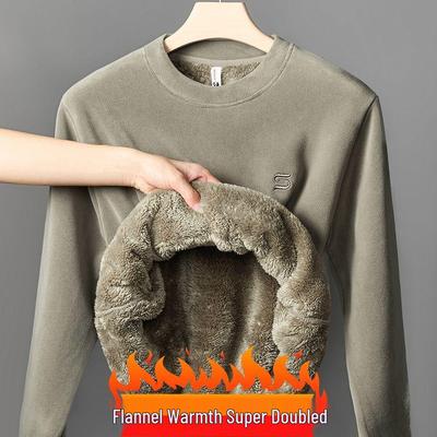 Men's Sherpa Fleece-Lined Sweatshirt: Thick, Warm, Round Neck Flannel Casual Top for Autumn and Winter