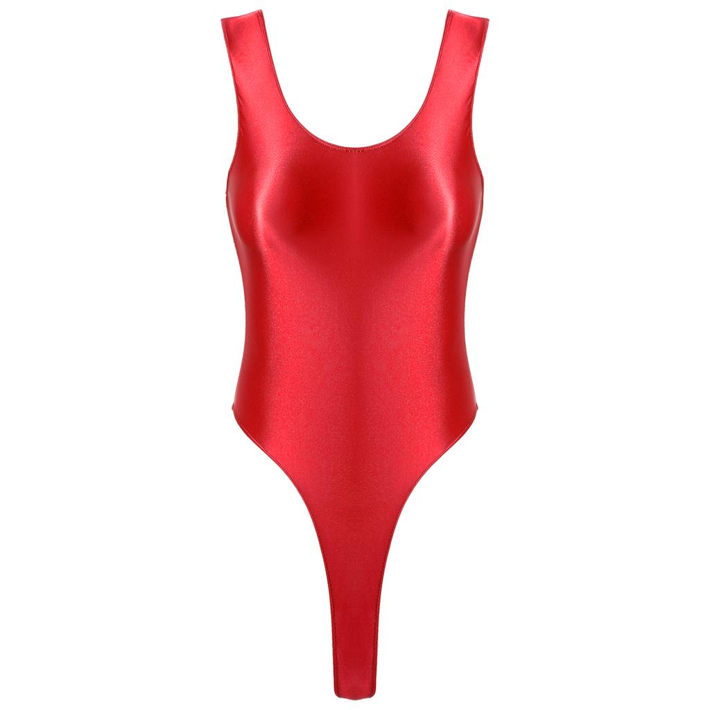 Womens High Cut Glossy Bodysuit Sleeveless One Piece Swimsuit for Yoga Swimming Fitness