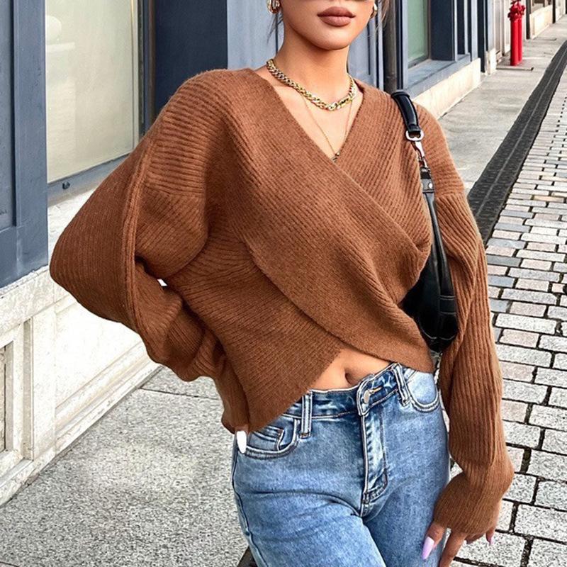 2025 European & American Autumn/Winter V-Neck Crossover Crop Top Pullover Sweater Cardigan